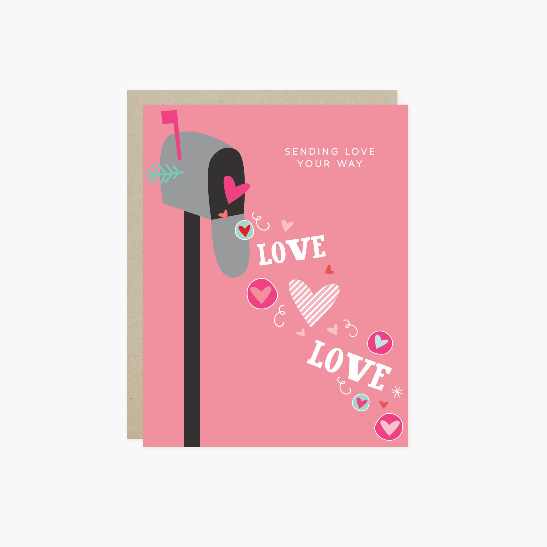 A Valentine's Day greeting card featuring a whimsical mailbox overflowing with love and playful hearts