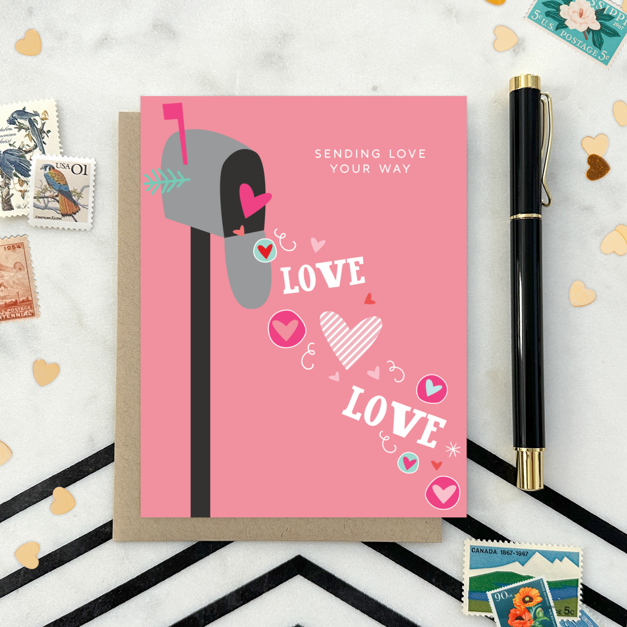 A Valentine's Day greeting card featuring a whimsical mailbox overflowing with love and playful hearts