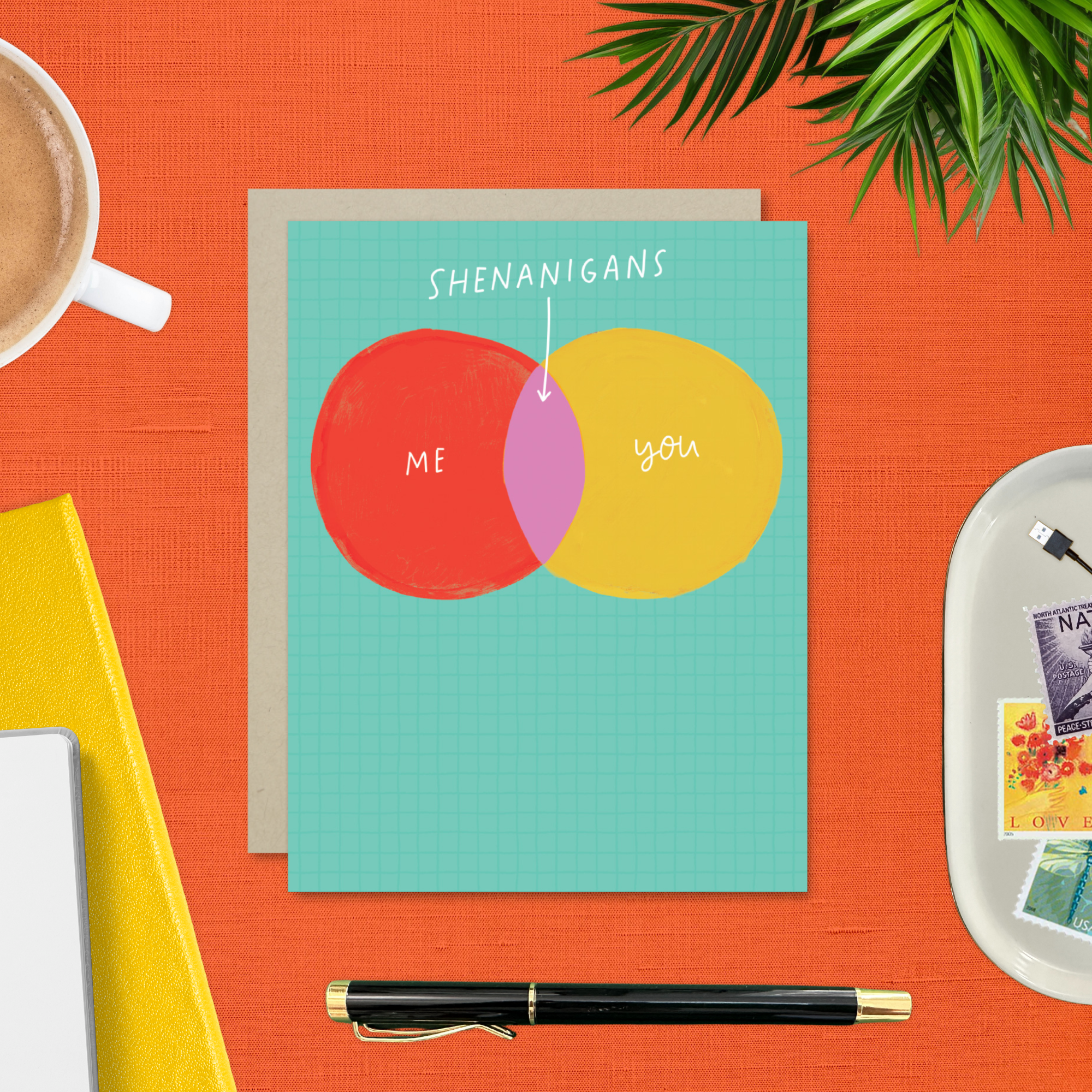 Friendship card with Venn diagram showing 'me' and 'you' with 'shenanigans' in the intersection on a teal background.