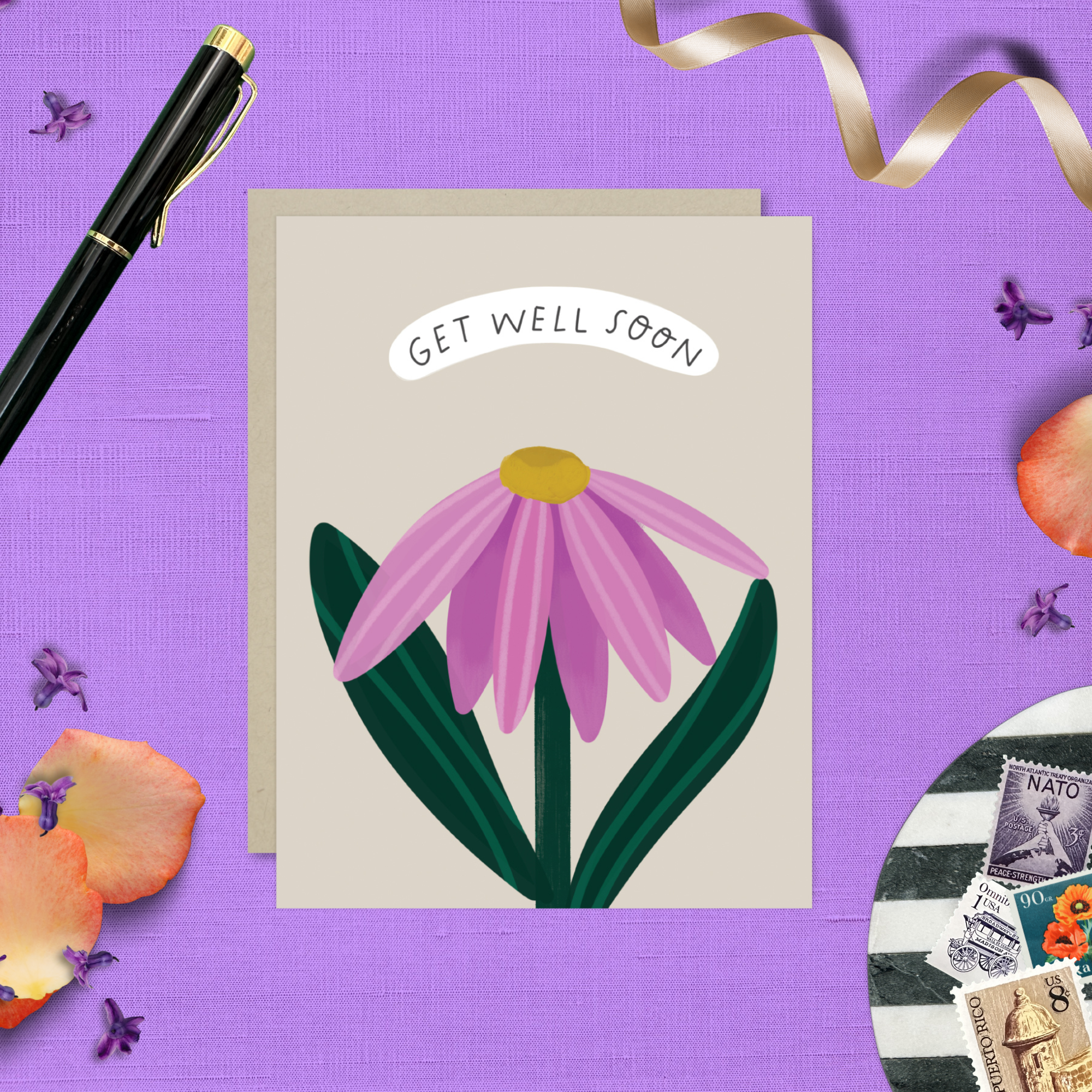 Get well soon greeting card with a single flower