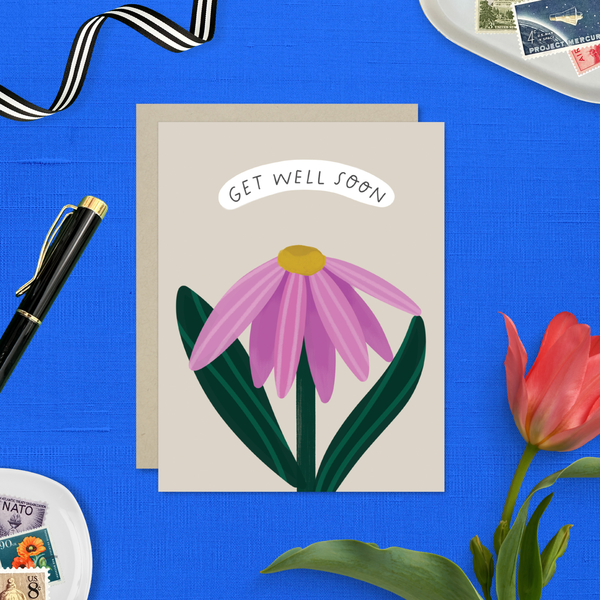 Get well soon greeting card with a single flower