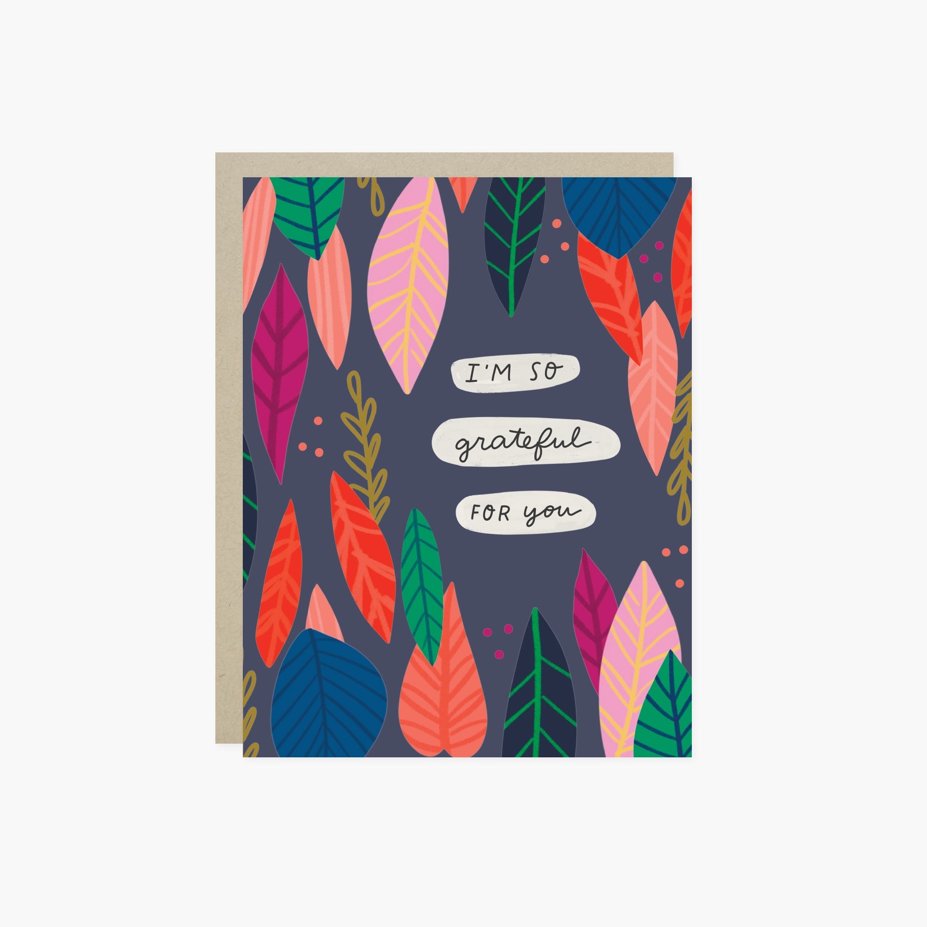 A thanksgiving greeting card with colorful leaf illustrations and the text 'I'M SO GRATEFUL FOR YOU' in the center.