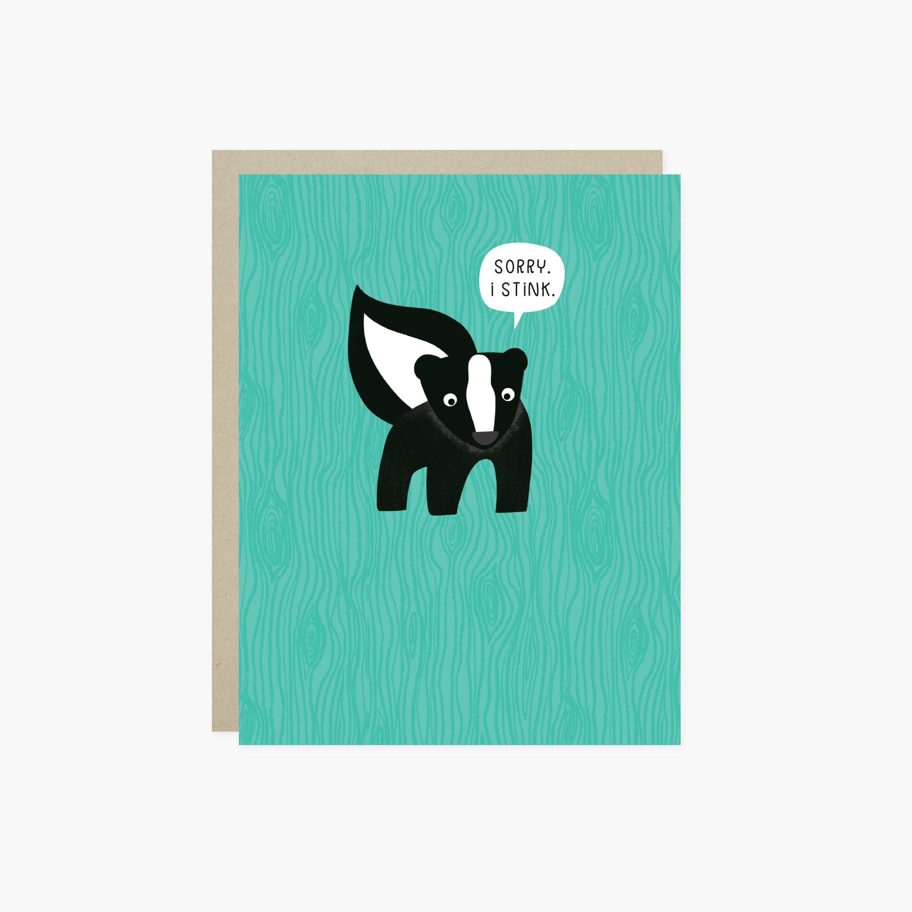 A sorry greeting card with an illustration of a skunk and the text 'Sorry I Stink' on a teal background.