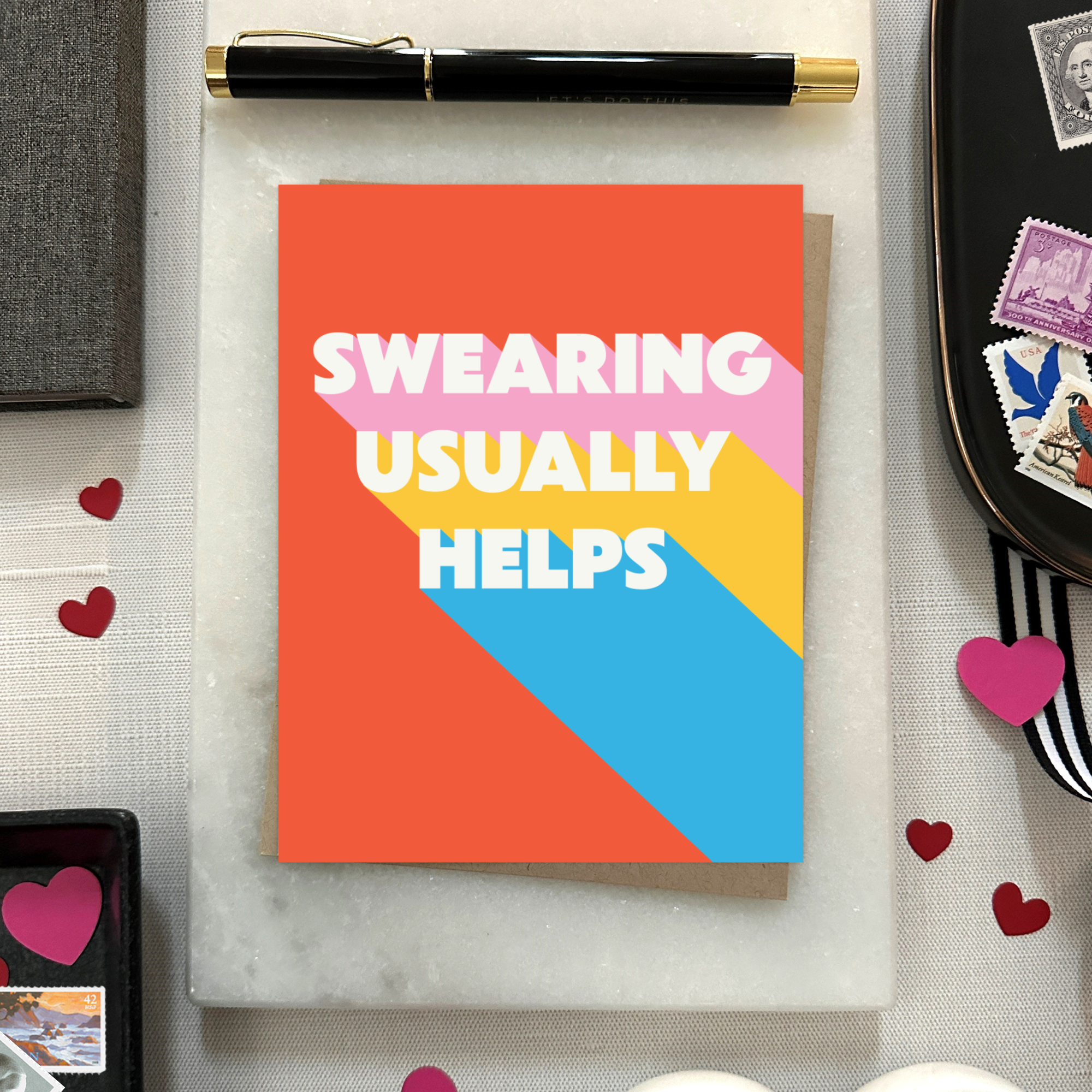 Friendship greeting card with 'swearing usually helps' text