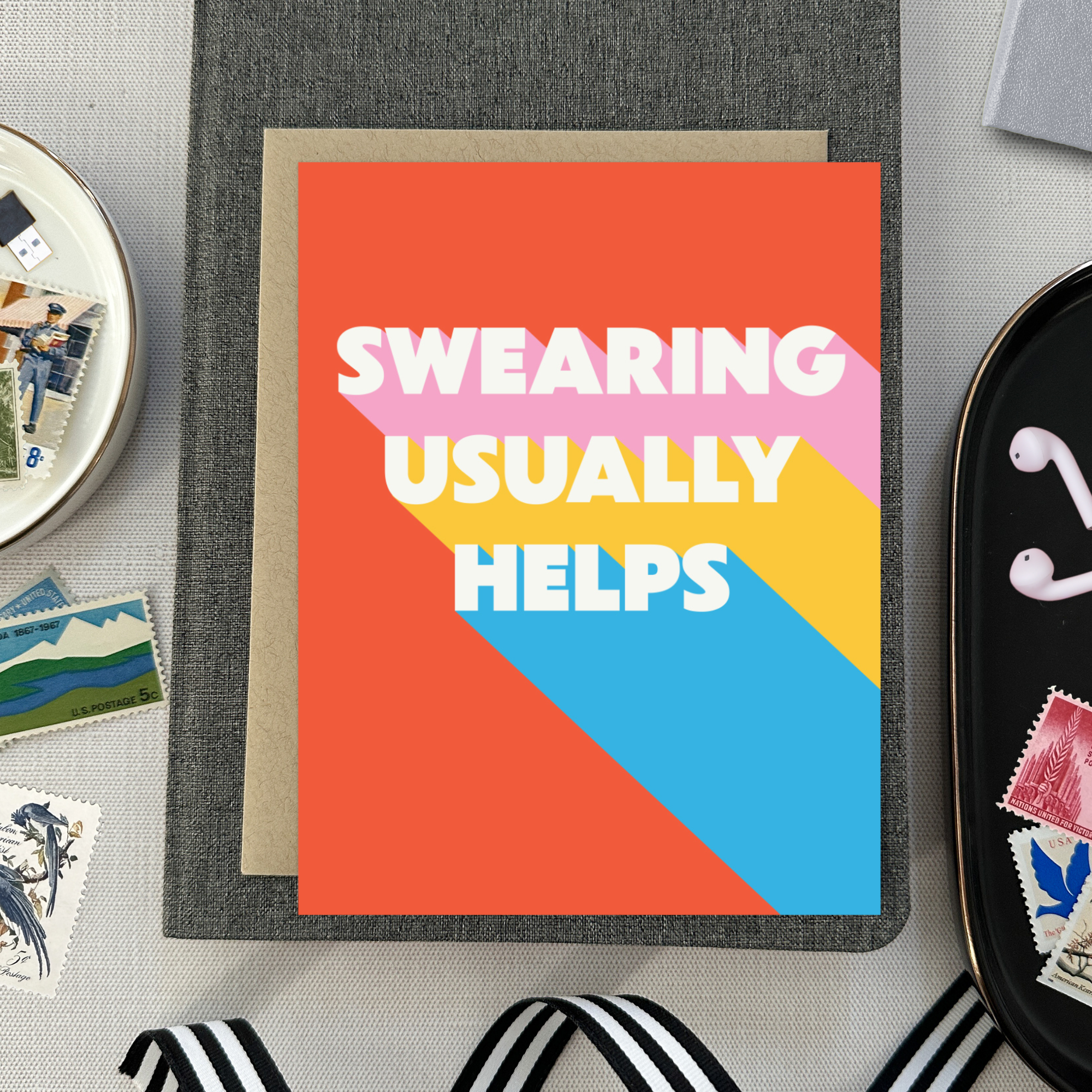 Friendship greeting card with 'swearing usually helps' text