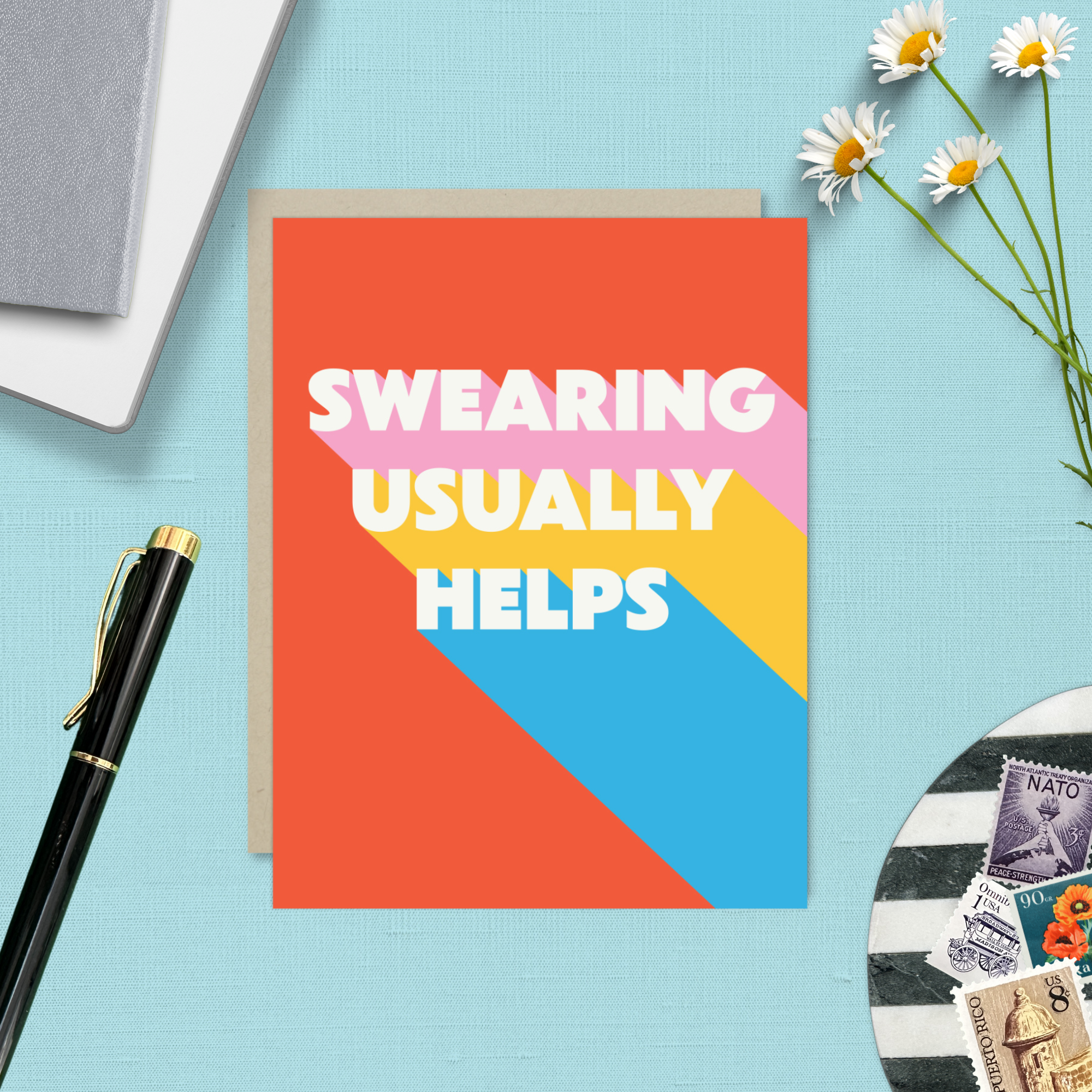 Friendship greeting card with 'swearing usually helps' text