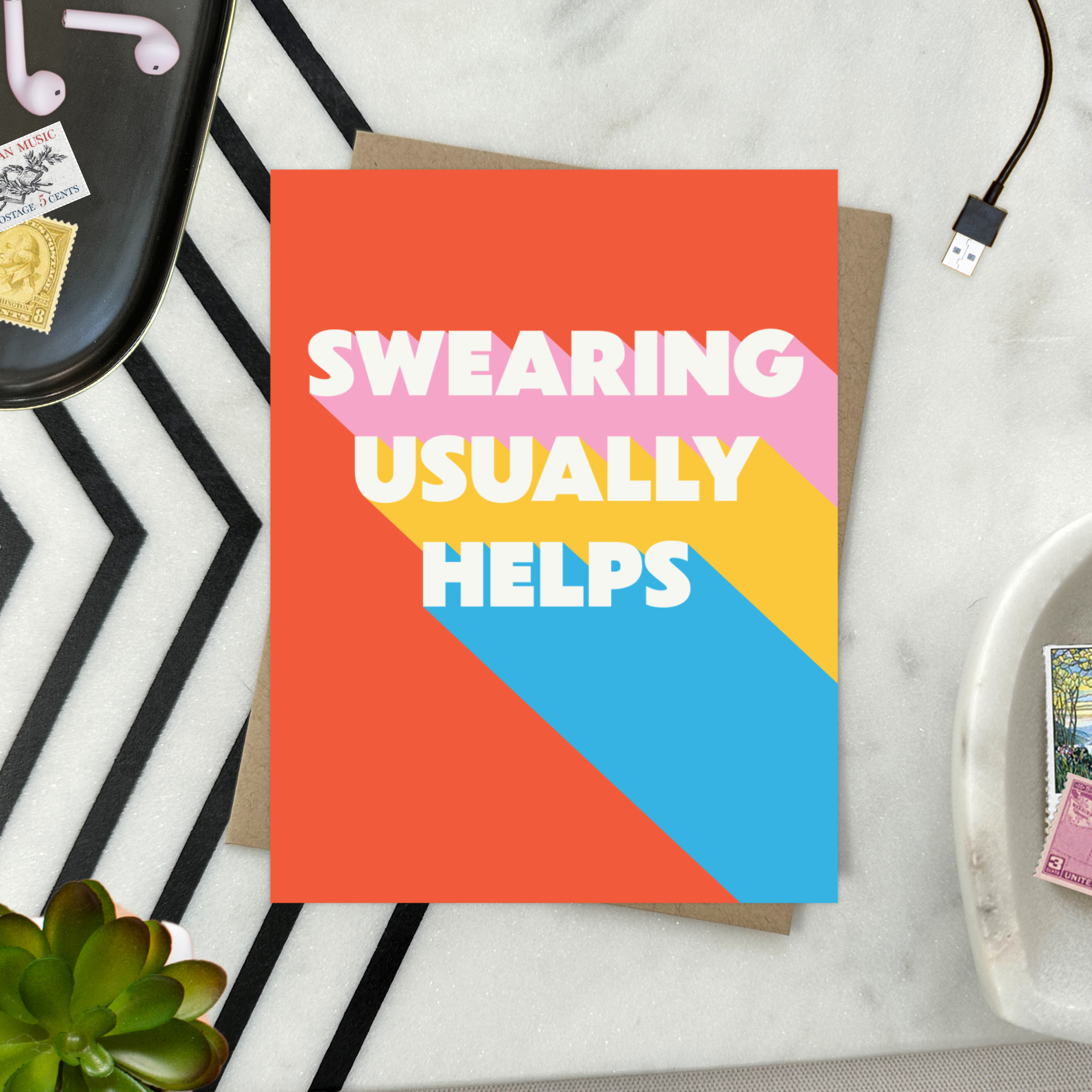 Friendship greeting card with 'swearing usually helps' text