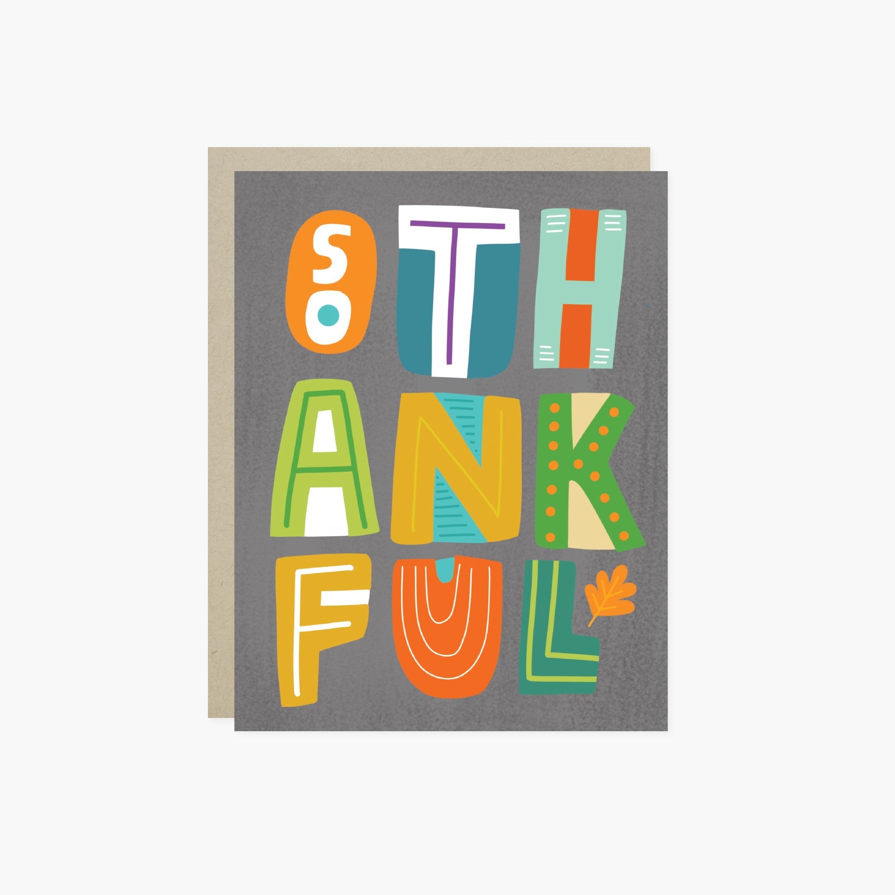 A colorful Thanksgiving greeting card with the text 'SO THANKFUL' in bold, playful lettering, set against a grey background.