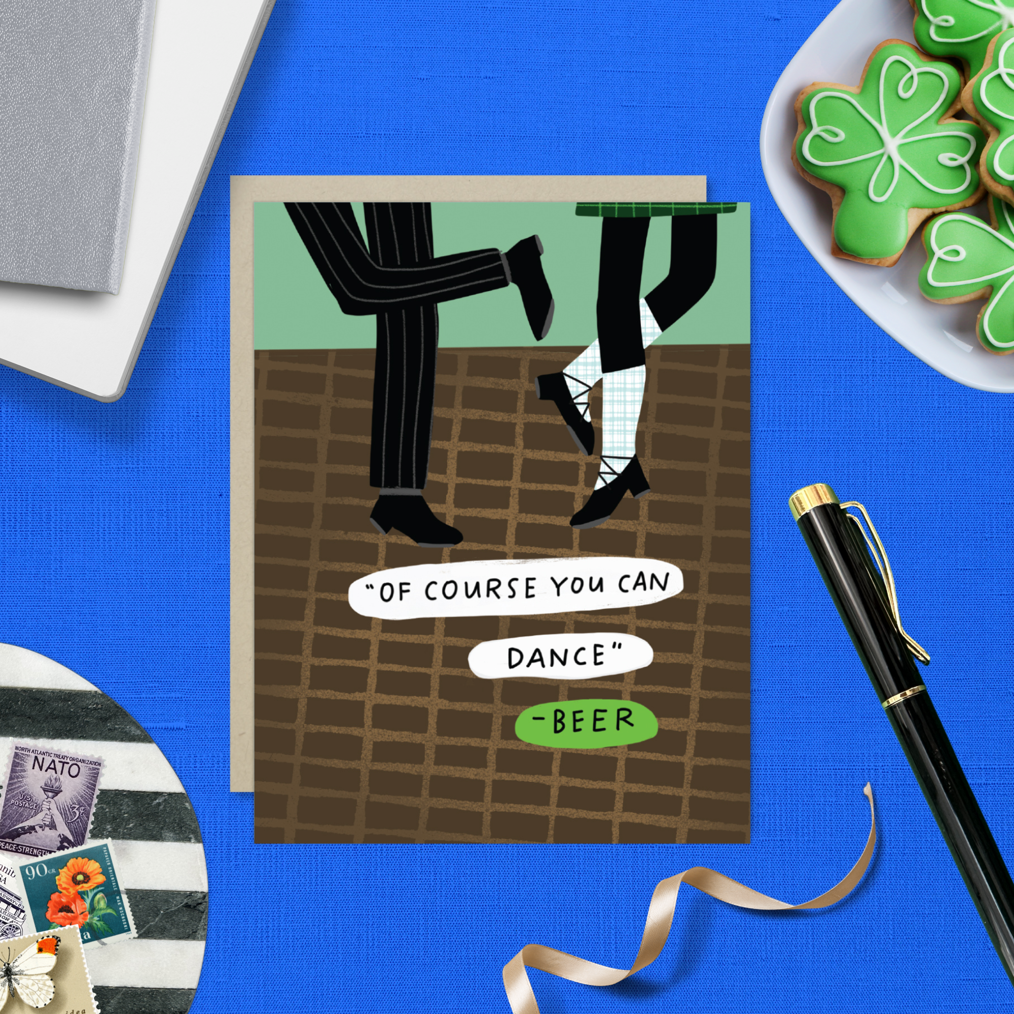 St. Patrick's day greeting card of 2 people dancing with the text '"of course you can dance" -beer'