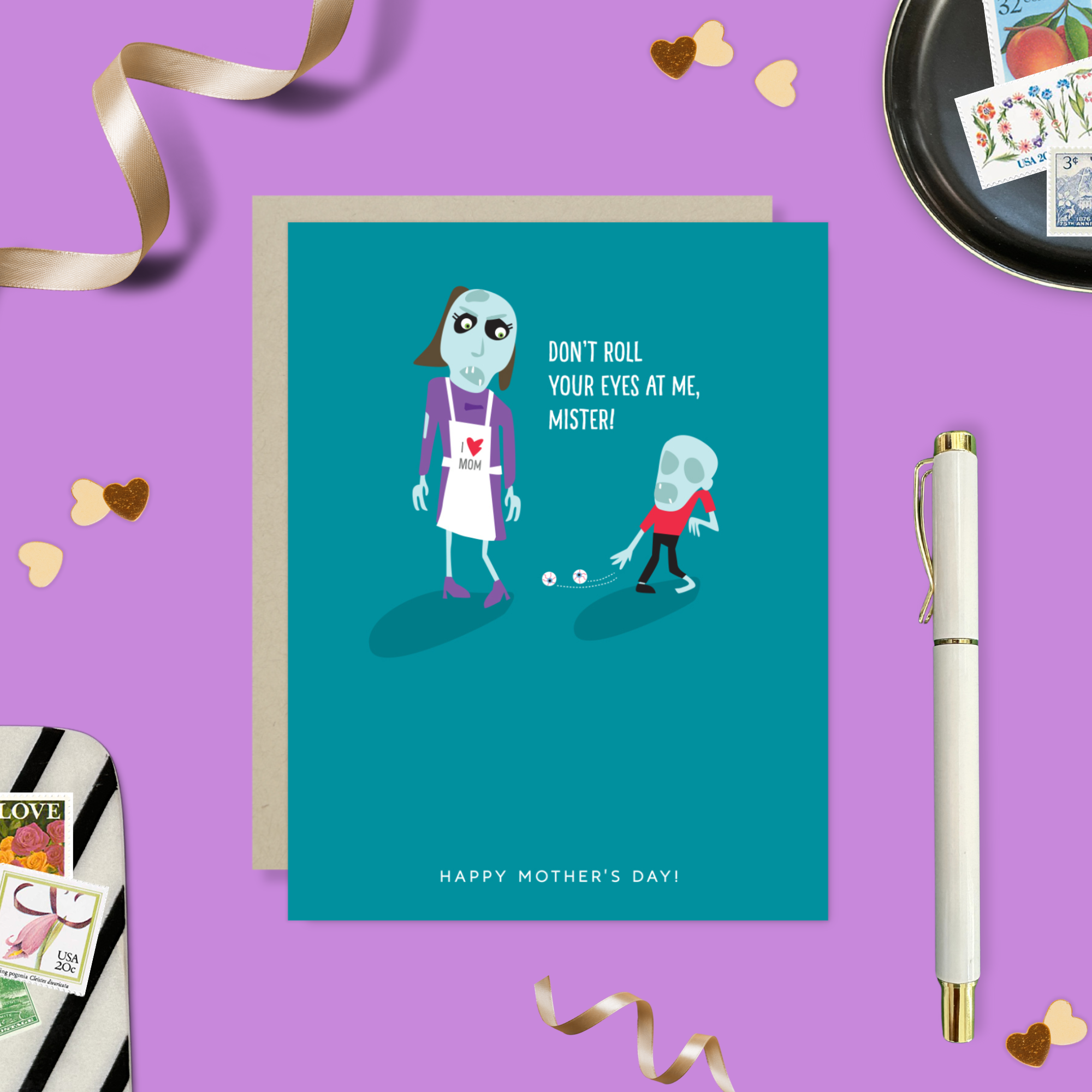 Mothers day greeting card with 2 zombies, one's eyes on the floor text 'don't roll your eyes at me, mister..happy mothers day'