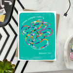 Friendship greeting card with colorful knot design that says so glad I have you to help navigate this.