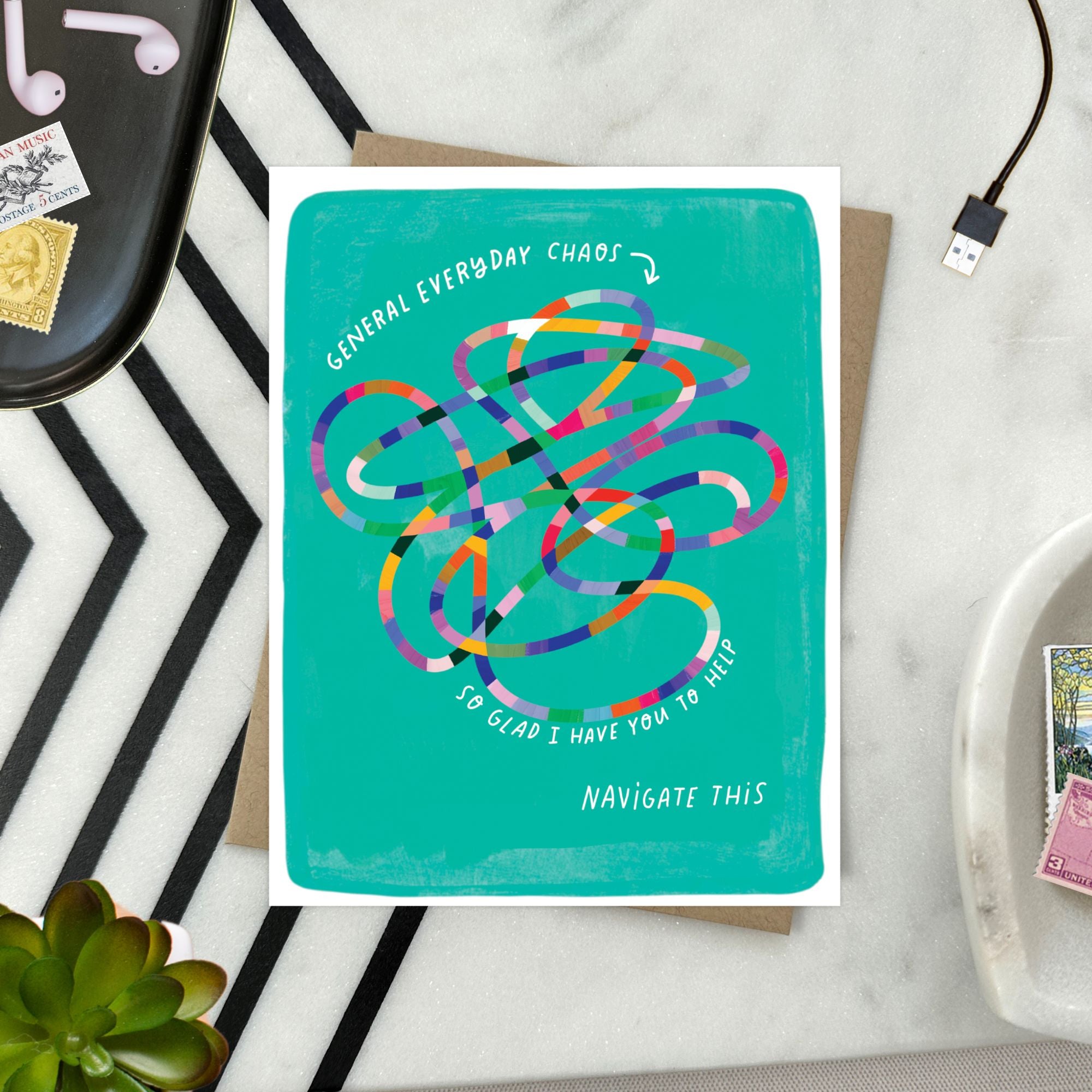 Friendship greeting card with colorful knot design that says so glad I have you to help navigate this.