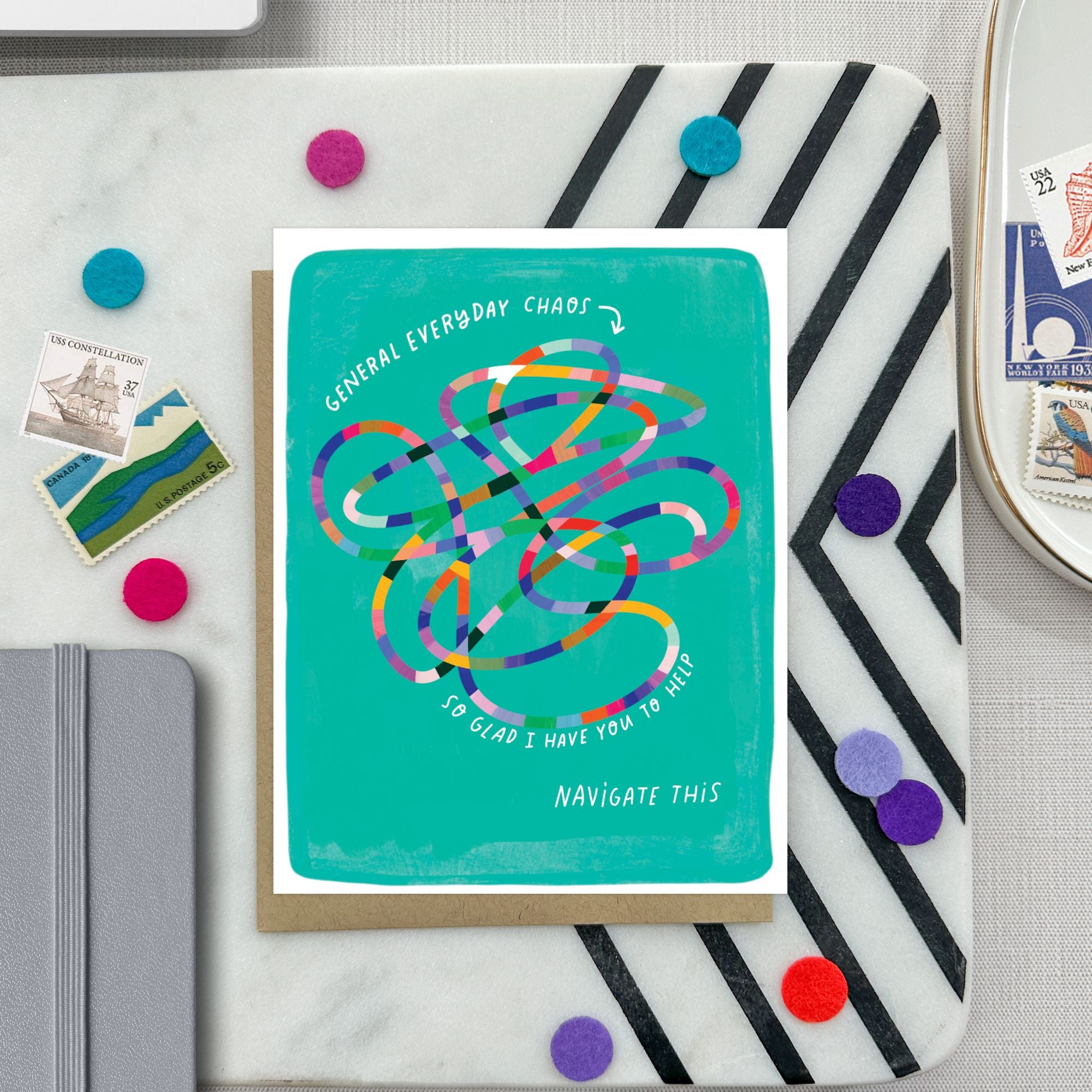 Friendship greeting card with colorful knot design that says so glad I have you to help navigate this.