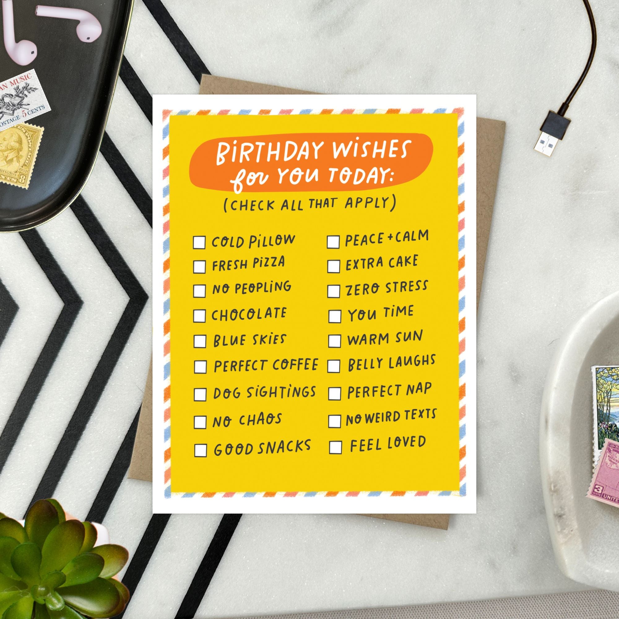 Greeting card titled “Birthday wishes for you today (check all that apply)” with checkboxes for things like cold pillow, fresh pizza, no peopling, and perfect coffee