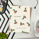 Funny greeting card with illustration of chaotic ducks and humorous text about letting go of perfection