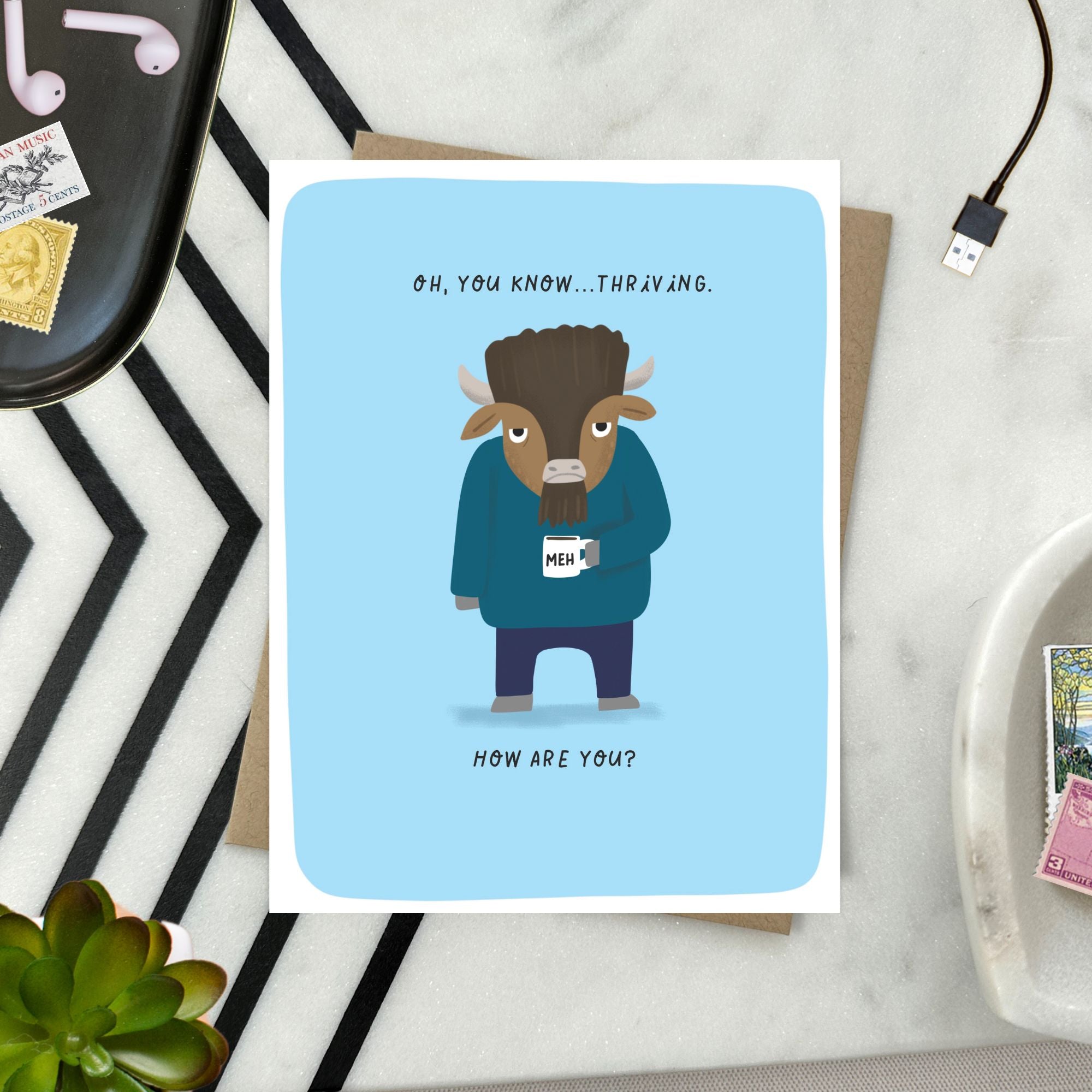 Greeting card with illustrated buffalo and supportive message for encouragement or thinking of you