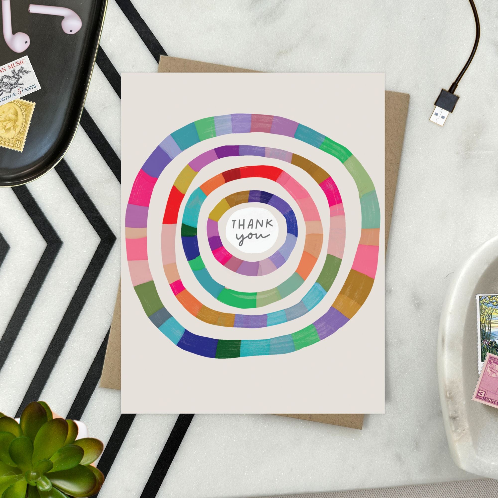 Illustrated Colorful circular Thank you card with painterly texture