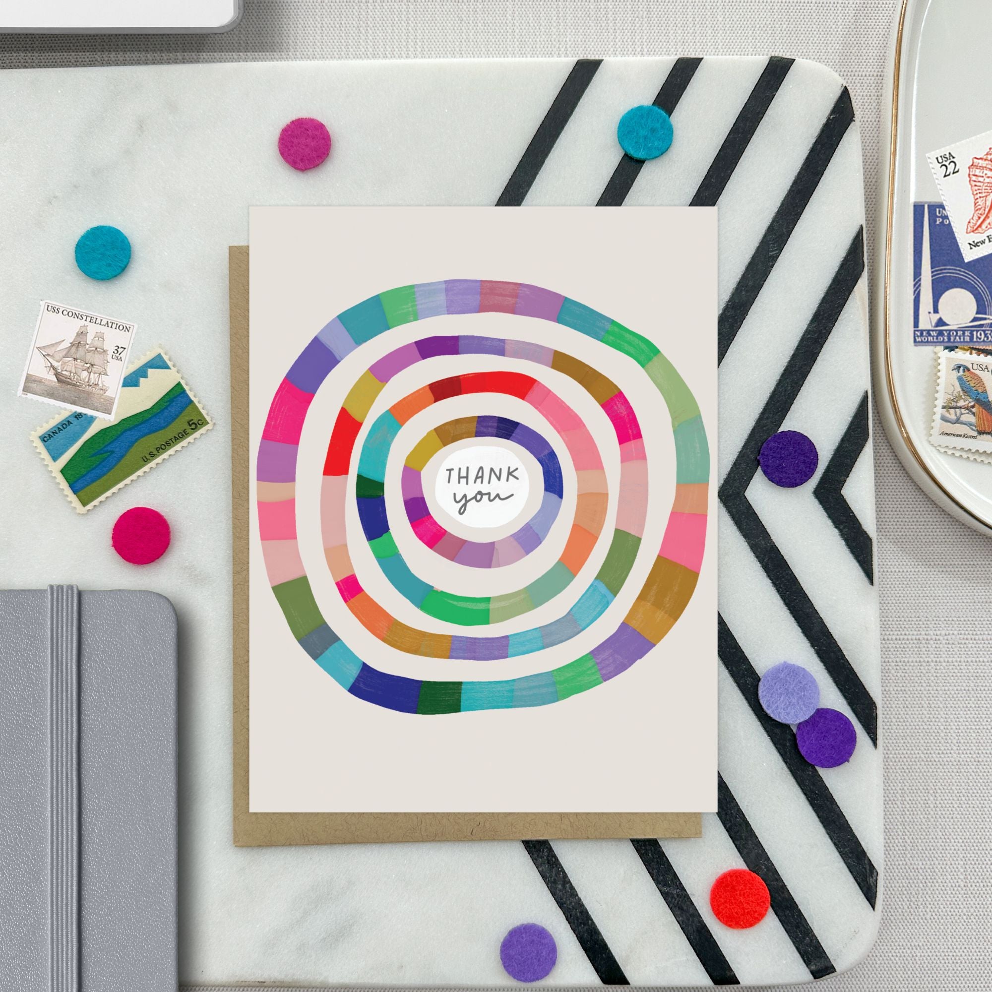 Illustrated Colorful circular Thank you card with painterly texture