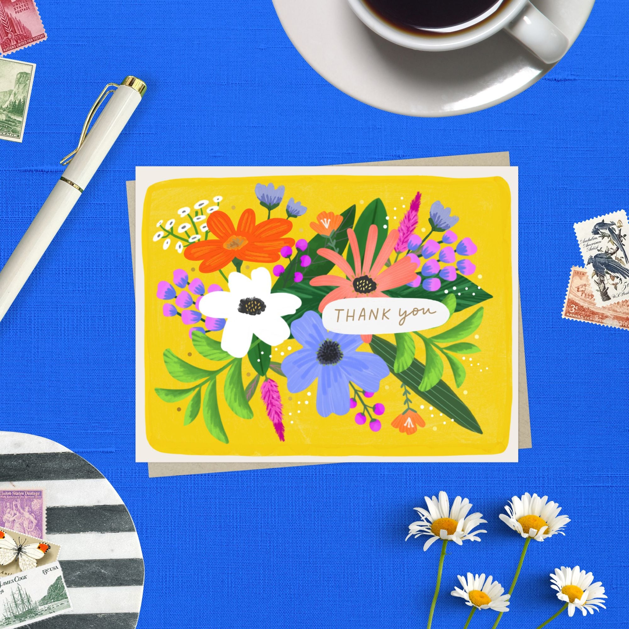 Thank You Greeting card featuring colorful illustrated flowers.