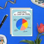 Greeting card with illustrated pie chart labeled “Emotional Pie Chart for Today” showing snack thoughts, caffeinated ambition, weird thoughts, thriving, and hopeful