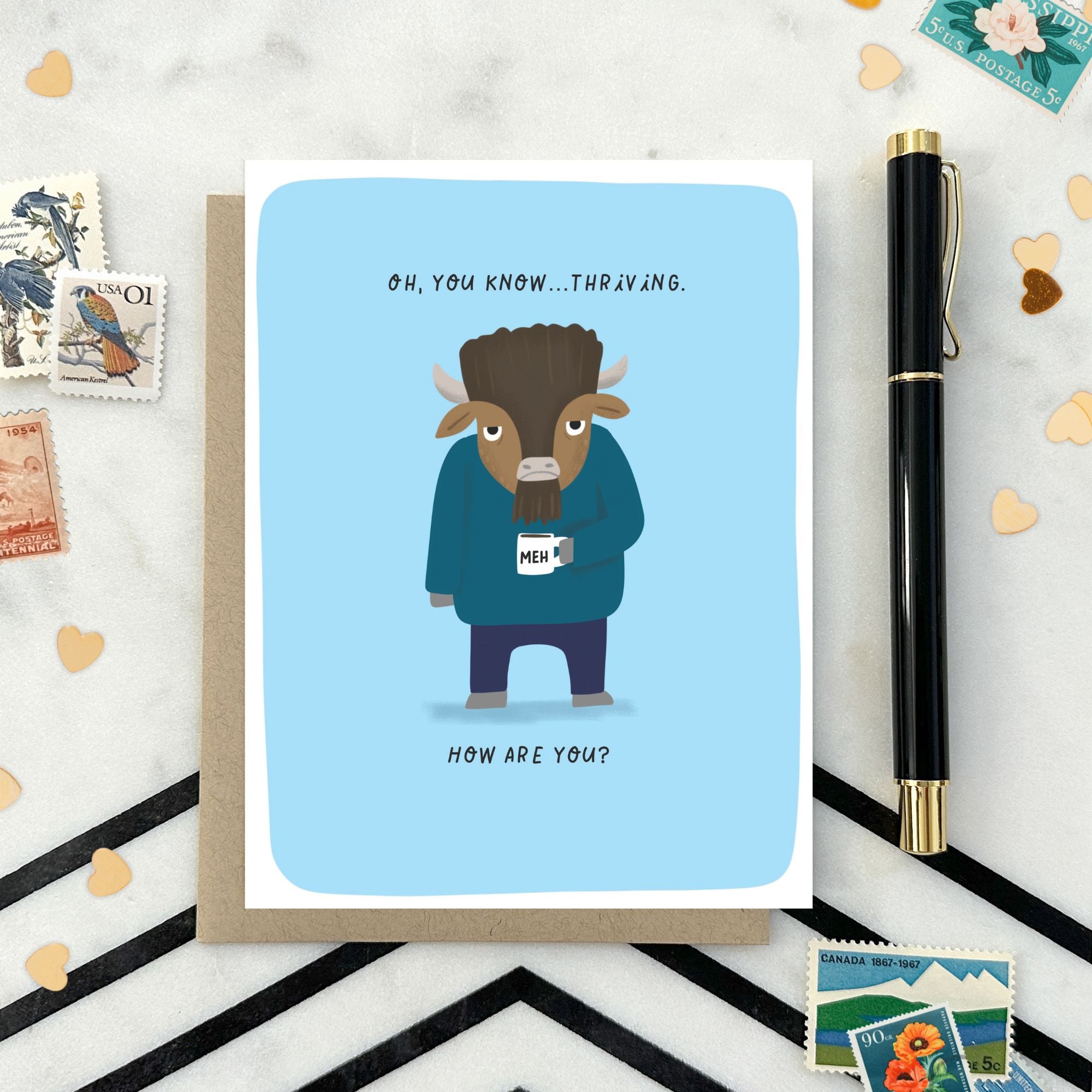 Greeting card with illustrated buffalo and supportive message for encouragement or thinking of you