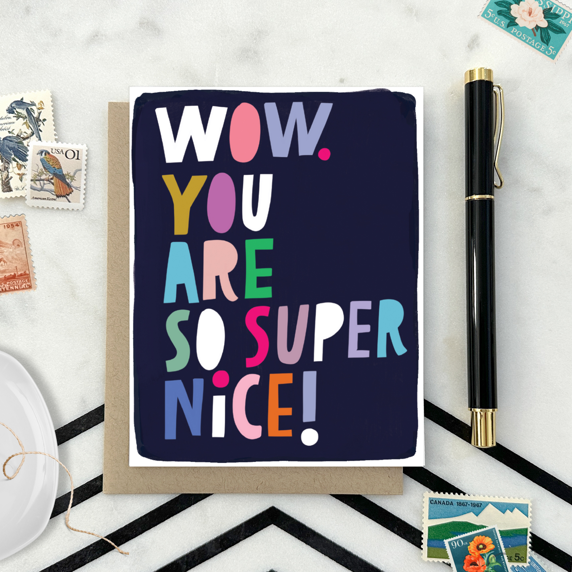 Thank you greeting card with illustrated and colorful lettering that says wow you are so super nice.