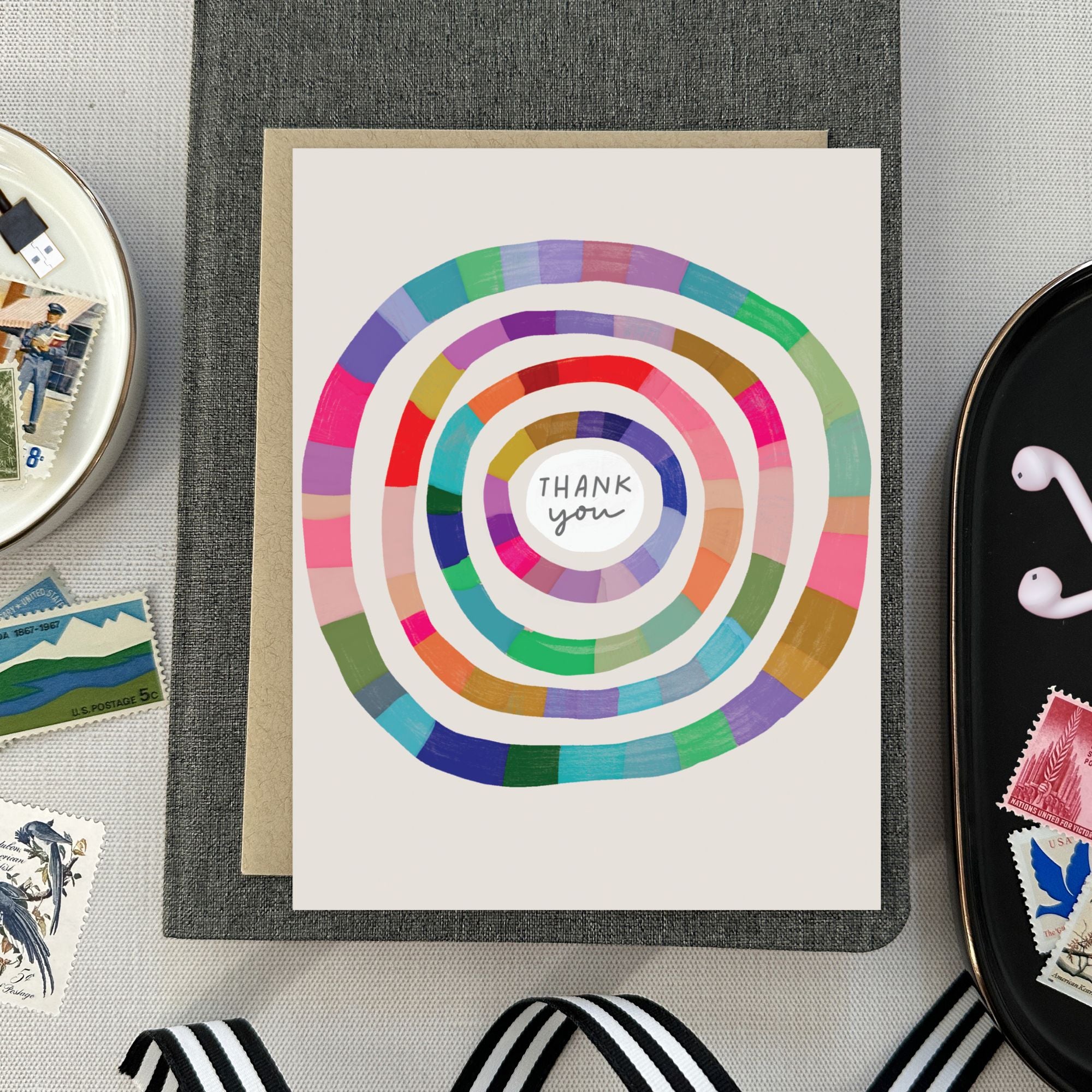 Illustrated Colorful circular Thank you card with painterly texture