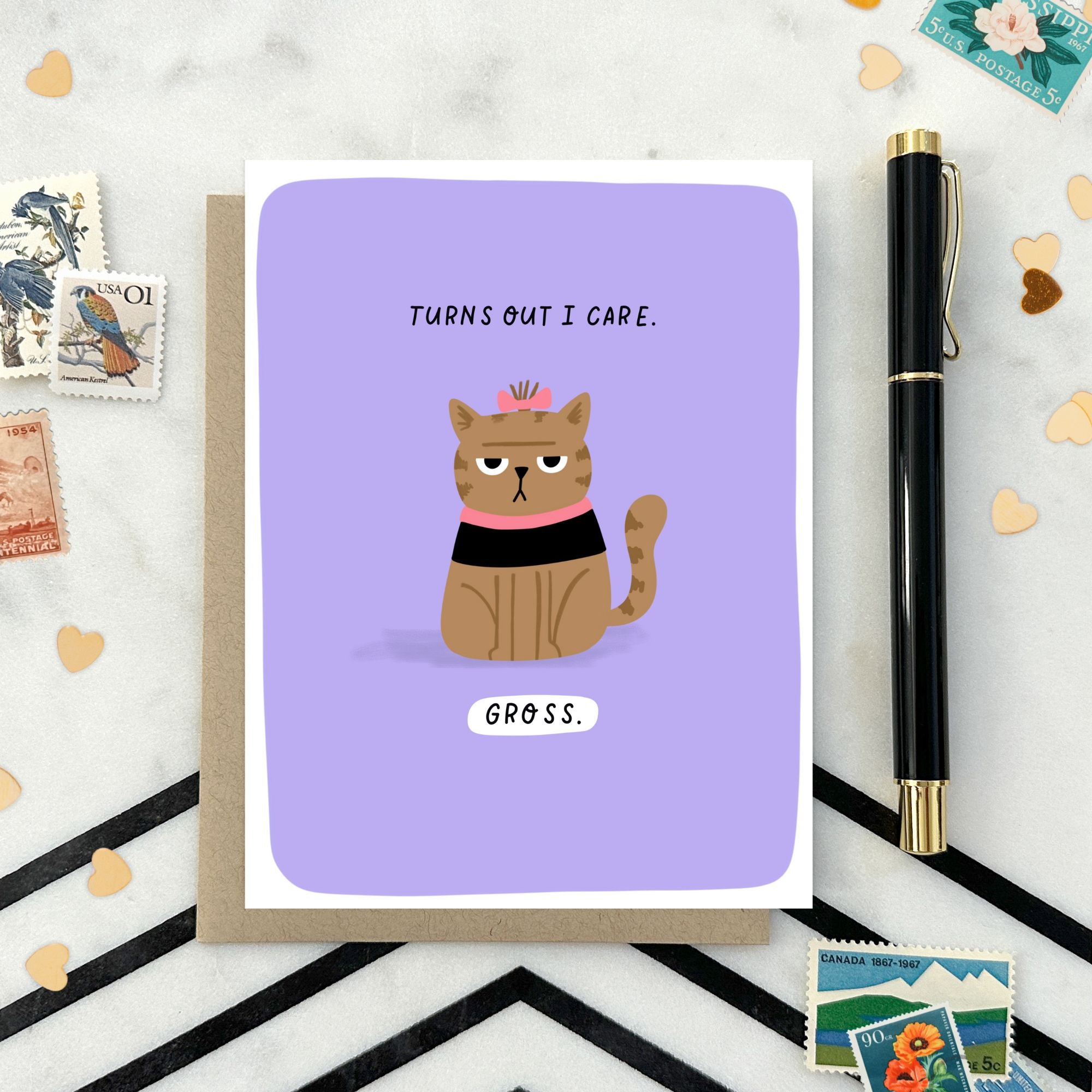 Funny greeting card with deadpan character and message of reluctant encouragement and support