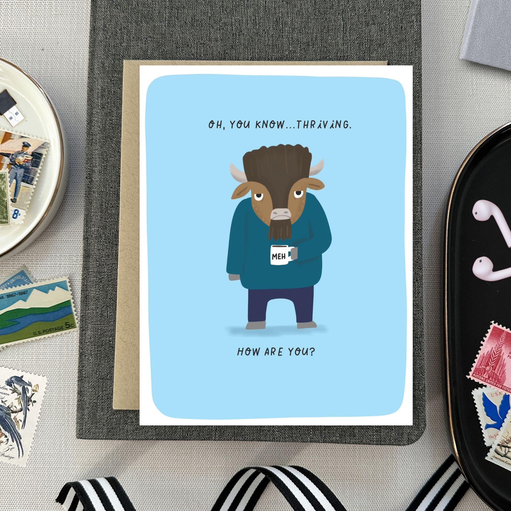 Greeting card with illustrated buffalo and supportive message for encouragement or thinking of you