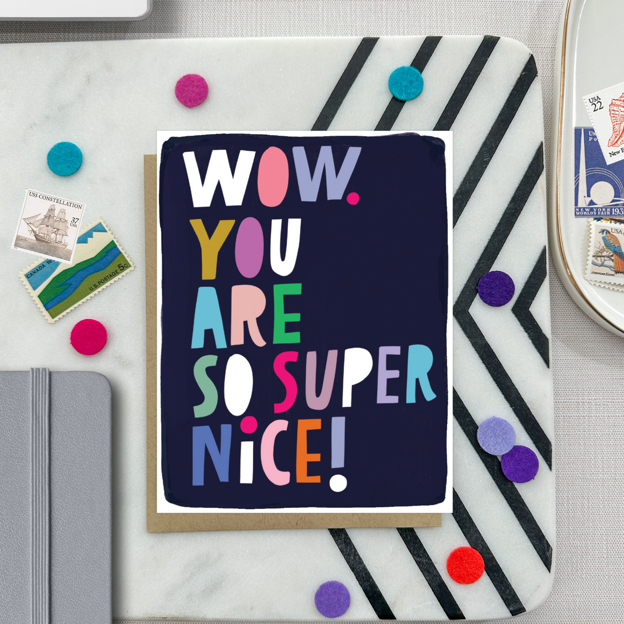 Thank you greeting card with illustrated and colorful lettering that says wow you are so super nice.