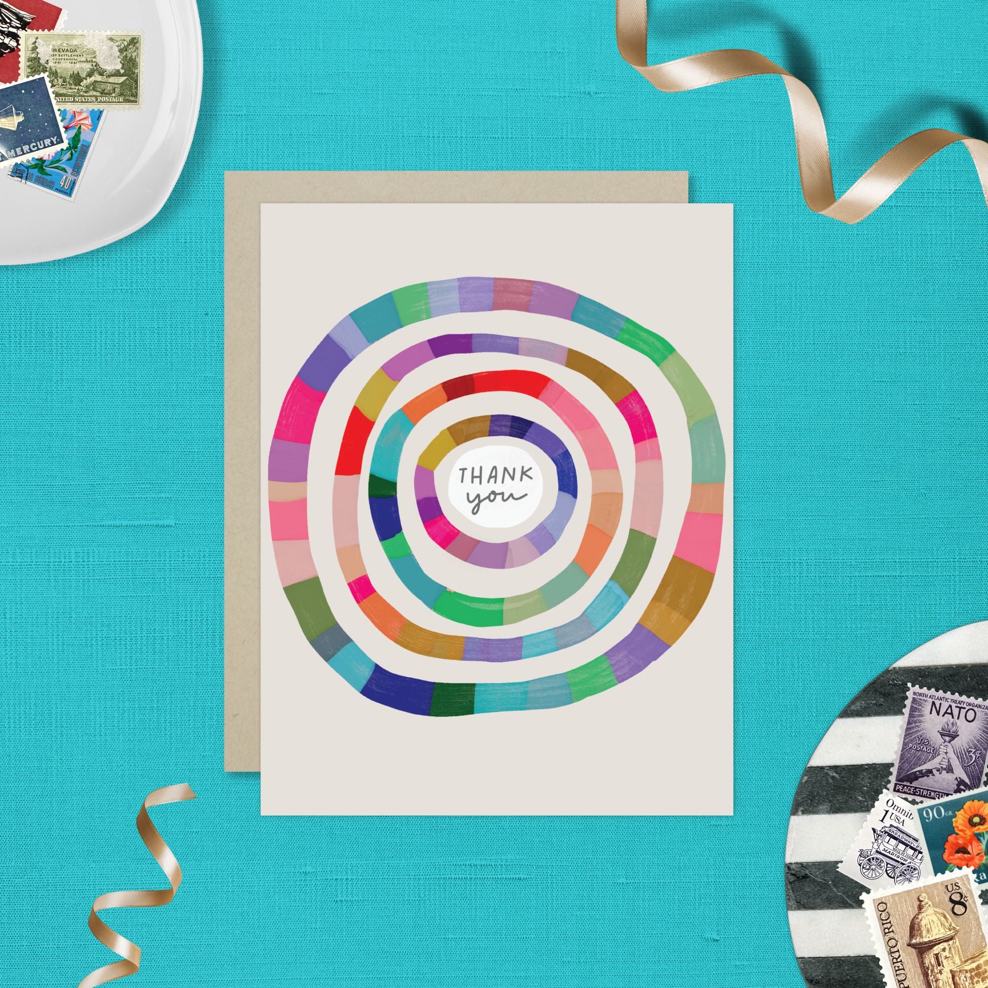 Illustrated Colorful circular Thank you card with painterly texture