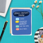 Funny greeting card with list-style text describing brain contents: coffee, imaginary arguments, a song, and mild panic