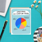 Greeting card with illustrated pie chart labeled “Emotional Pie Chart for Today” showing snack thoughts, caffeinated ambition, weird thoughts, thriving, and hopeful