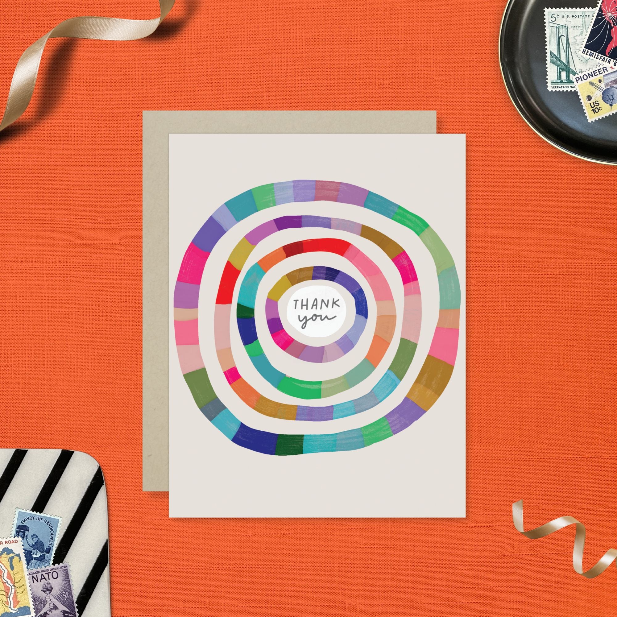 Illustrated Colorful circular Thank you card with painterly texture