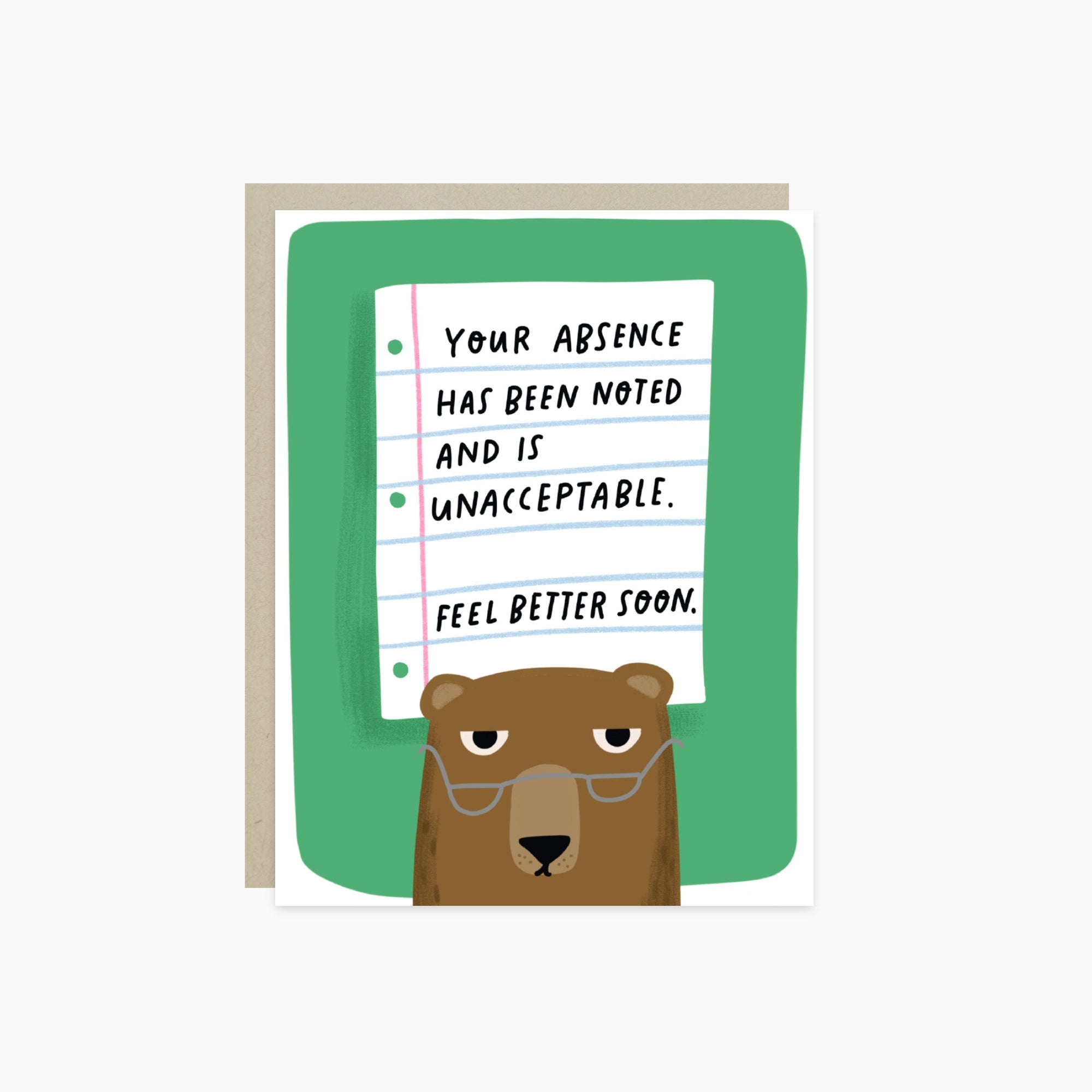Get well greeting card with a bear illustration and text on a green background