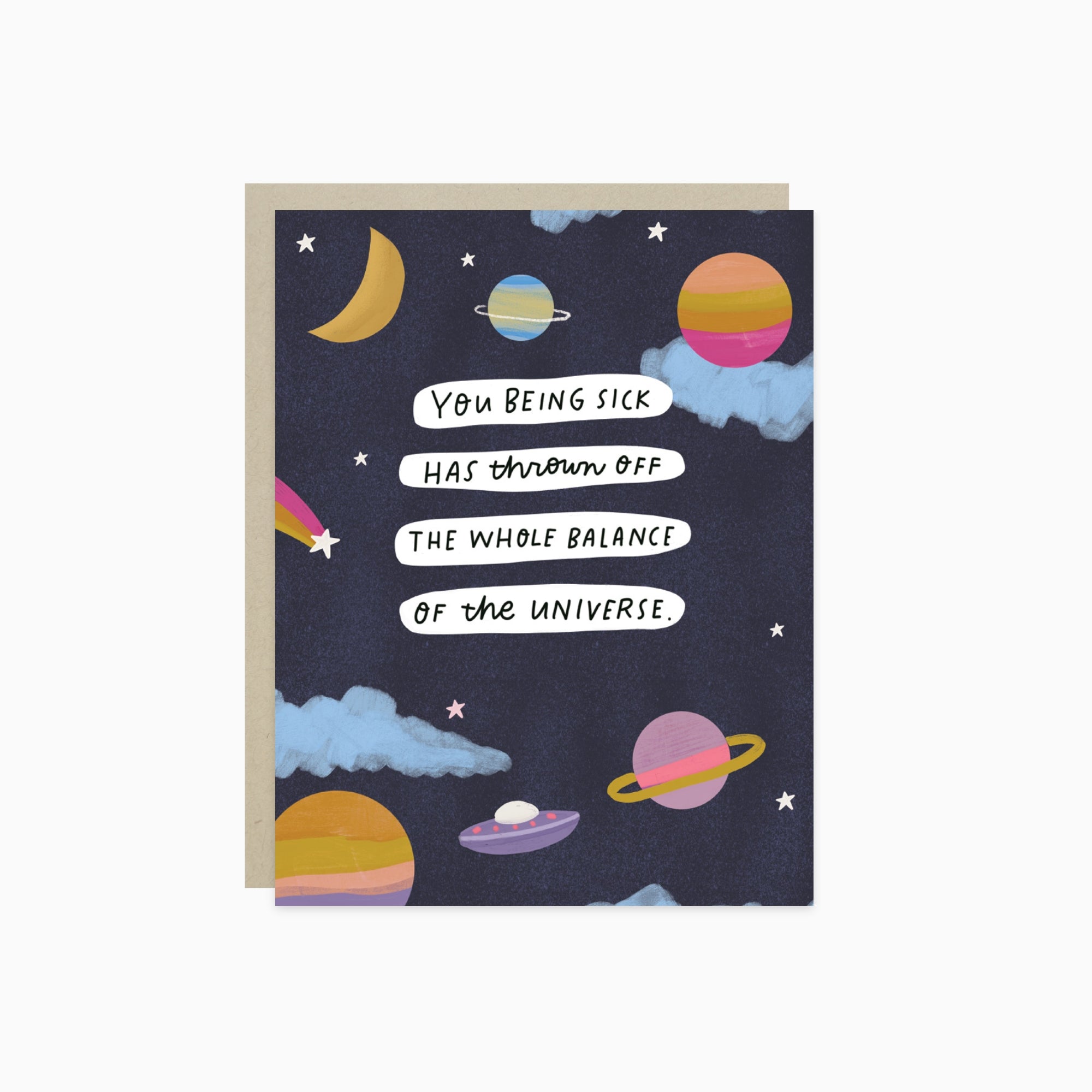 Get well card with space-themed illustrations and humorous text on a white background