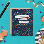 A friendship greeting card with a colorful dotted pattern and the text 'You will brave the storm with courage and strength' on it.