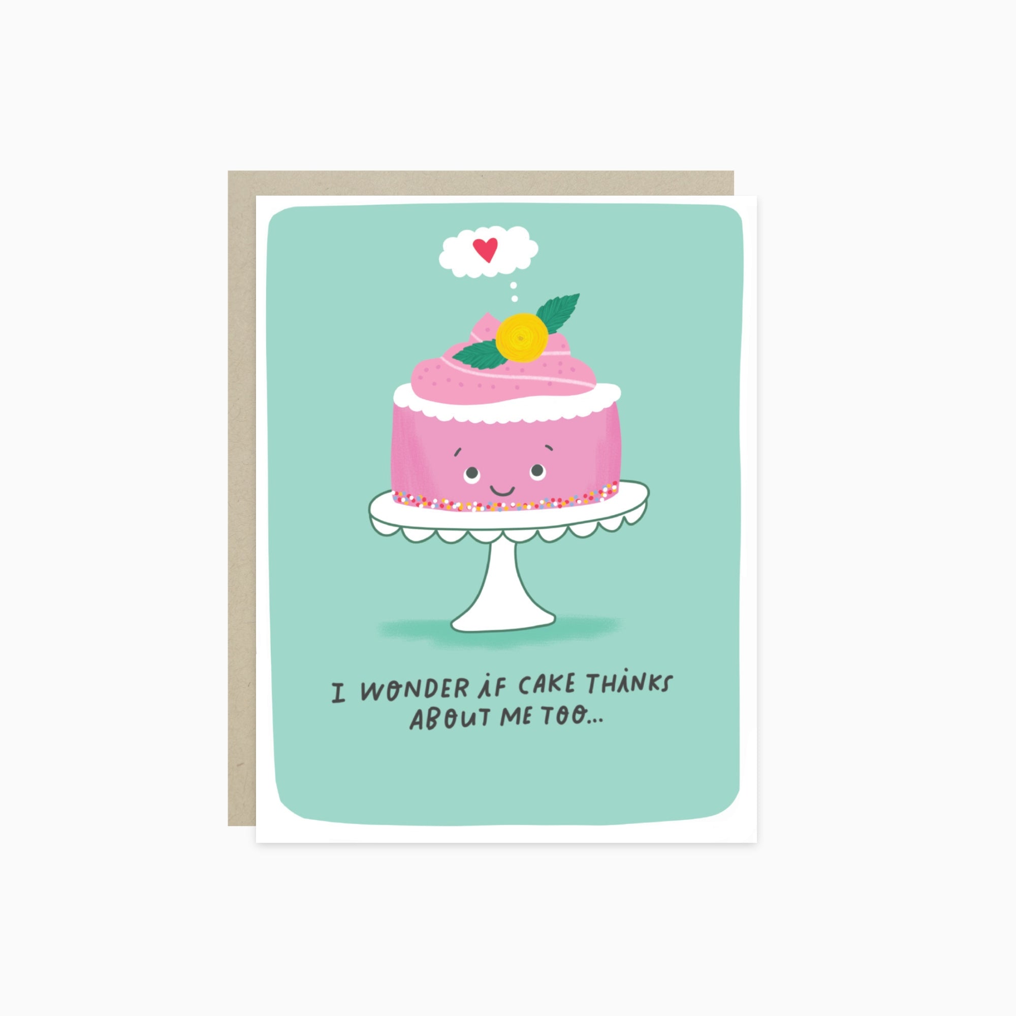Birthday greeting card with a cartoon cake which says" I wonder if cake thinks about me too.."