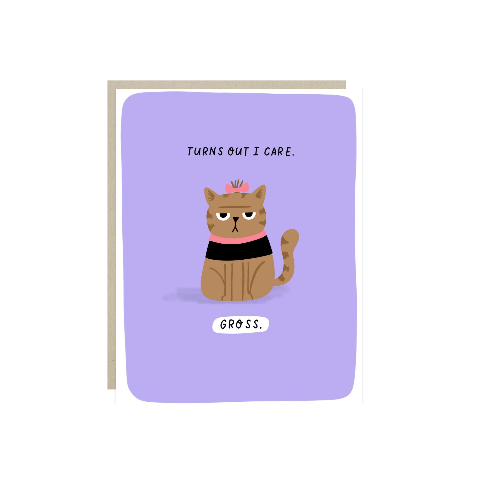 Funny greeting card with deadpan character and message of reluctant encouragement and support