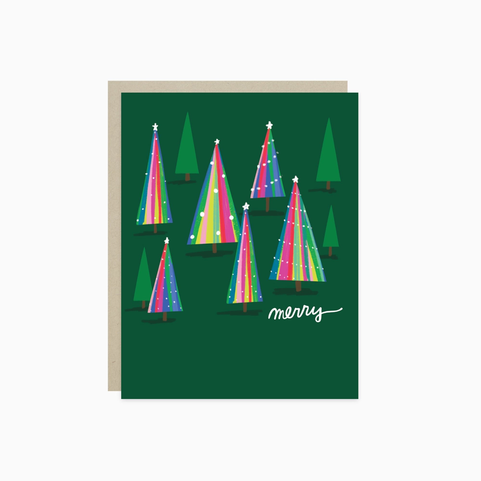 Christmas greeting card with colorful Christmas trees and 'merry' text on a green background