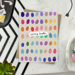 Easter greeting card with colorful eggs in the background with 'happy easter text'