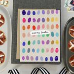 Easter greeting card with colorful eggs in the background with 'happy easter text'