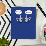 Hannukah greeting card with 2 dreidels drinking. One is saying '8 crazy nights' the other says 'woohoo!'
