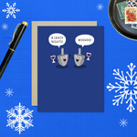 Hannukah greeting card with 2 dreidels drinking. One is saying '8 crazy nights' the other says 'woohoo!'