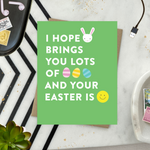 easter greeting card with text 'I hope your (bunny emoji) brings you lots of (egg emoji) and your easter is (smile emoji'