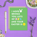 easter greeting card with text 'I hope your (bunny emoji) brings you lots of (egg emoji) and your easter is (smile emoji'