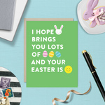 easter greeting card with text 'I hope your (bunny emoji) brings you lots of (egg emoji) and your easter is (smile emoji'