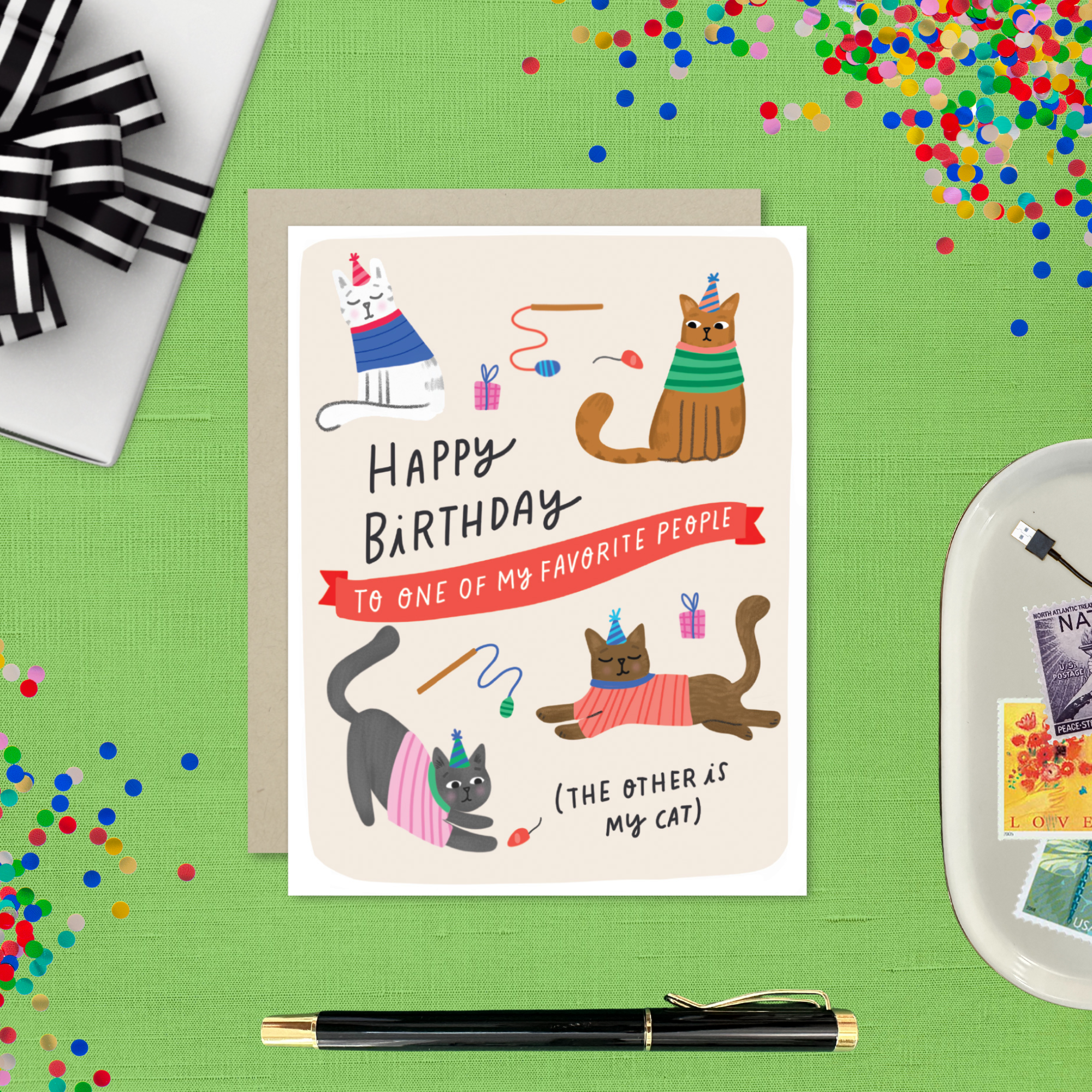 Birthday greeting card with cat ilustrations and 'happy birthday to one of my favorite people (the other is my cat)' text