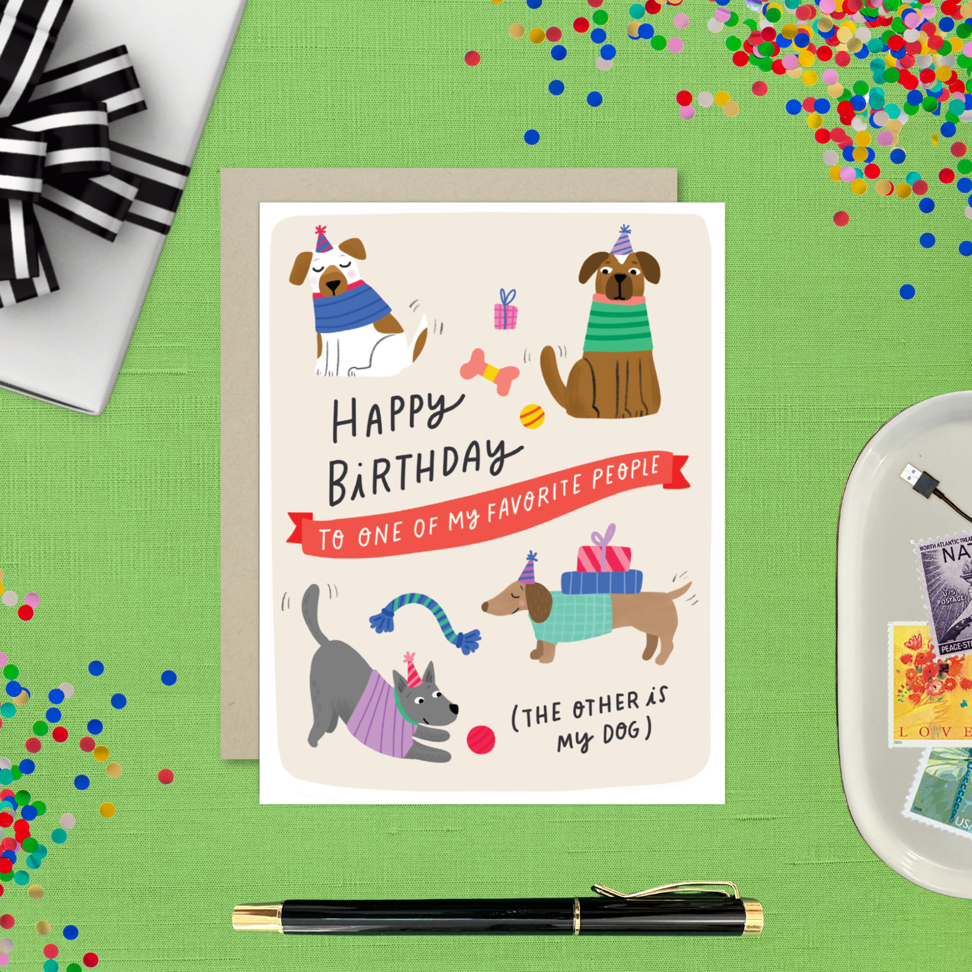 Birthday greeting card with illustrations with 'happy birthday to one of my favorite people (the other is my dog' text