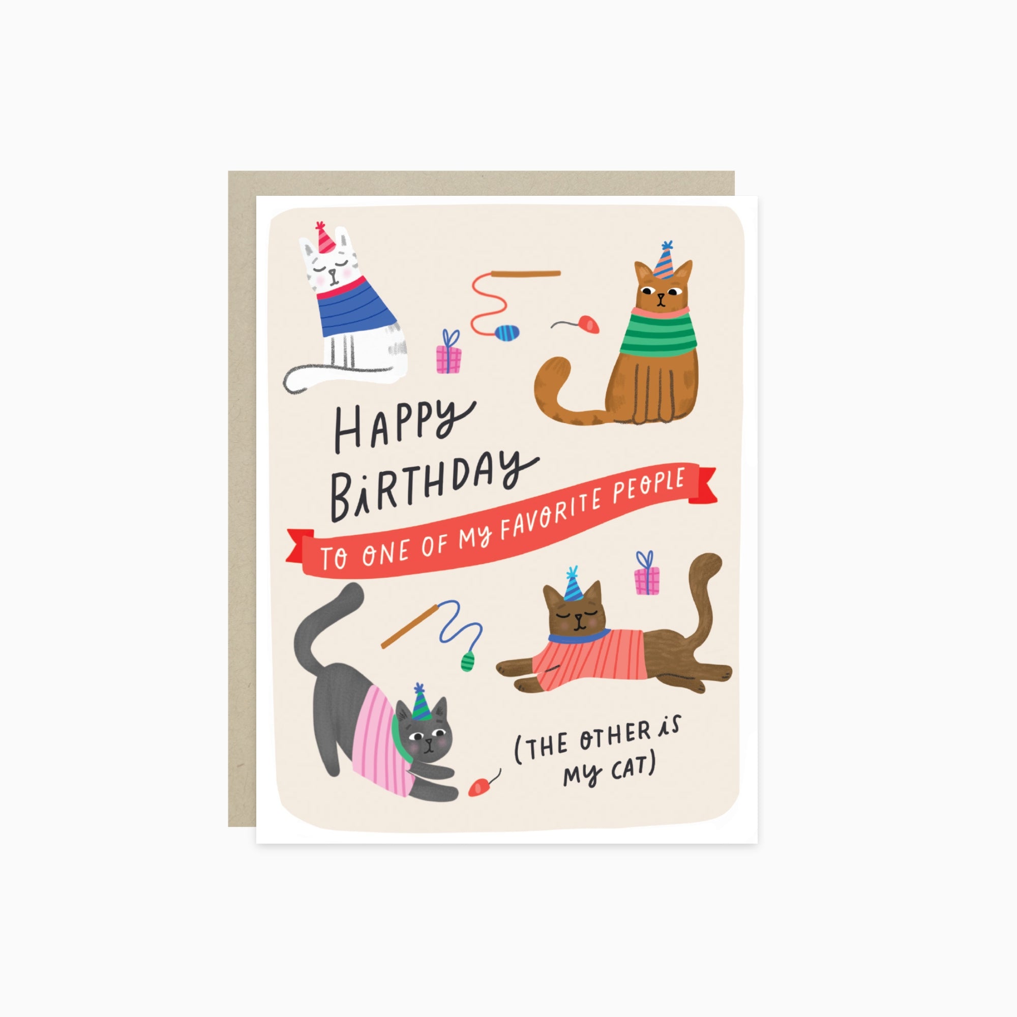 Birthday greeting card with cat ilustrations and 'happy birthday to one of my favorite people (the other is my cat)' text